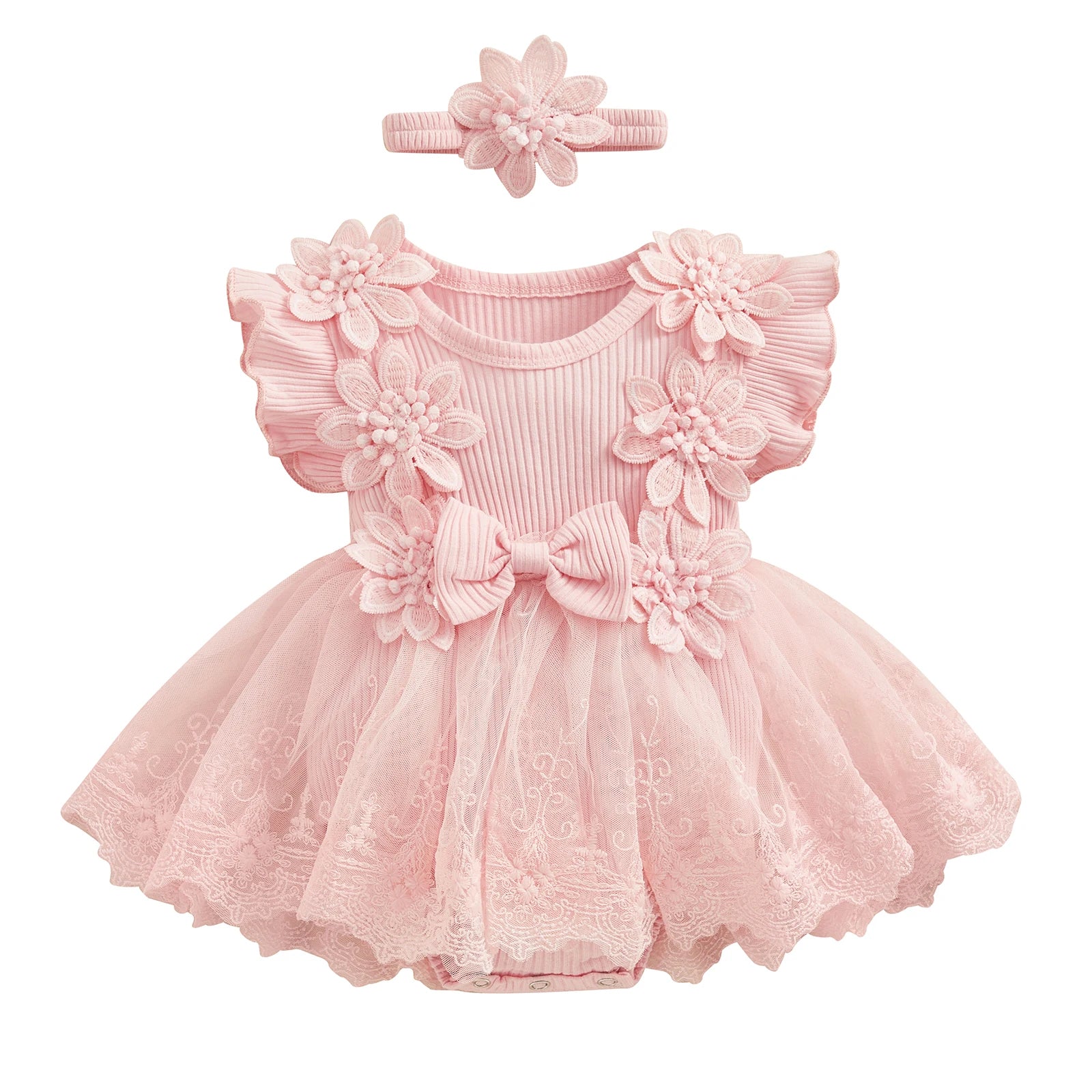 3D Flower Summer Baby Girls Romper Princess Mesh Newborn Clothes Lace Patchwork Ruffle Bodysuit Dress Headband Kids Clothing