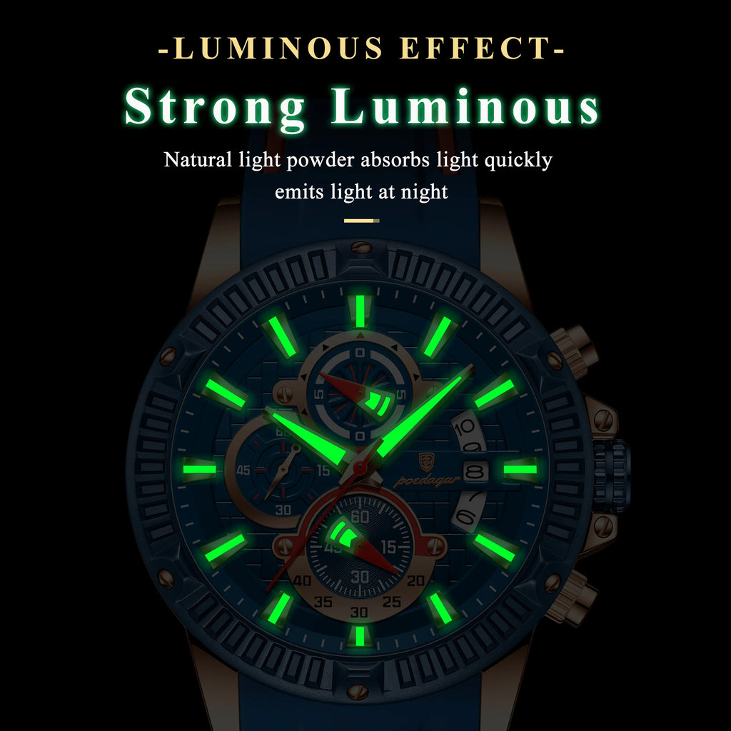 POEDAGAR Trendy Sports Men Wristwatch Waterproof Luminous Chronograph Date Man Watch Silicone Strap Fashion Quartz Men's Watches
