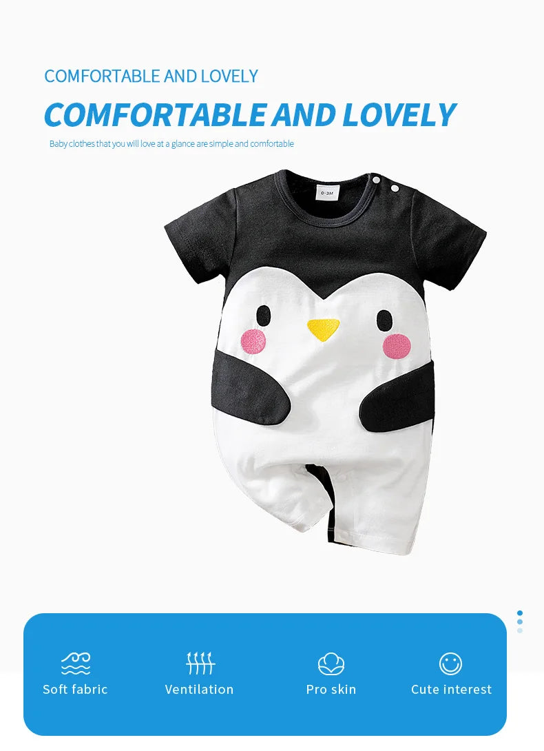 Baby Cute Jumpsuit Cartoon Penguin Pattern Summer Ha Yi Newborn Hoodie Casual Short Sleeve Outerwear