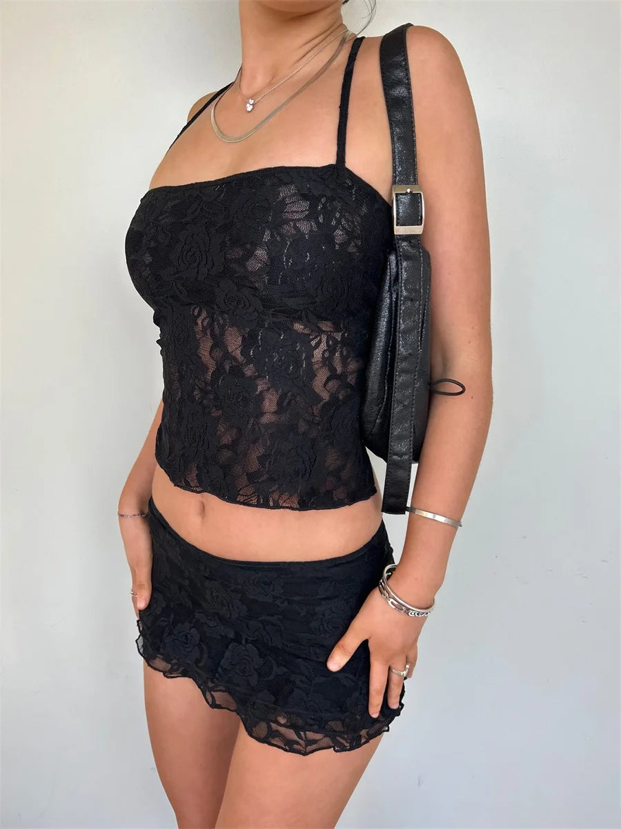 Y2K Vintage Lace See Through Two Piece Outfit Sexy Backless Bandage Halter Crop Tops and Mini Skirt Ladies Summer Clubwear