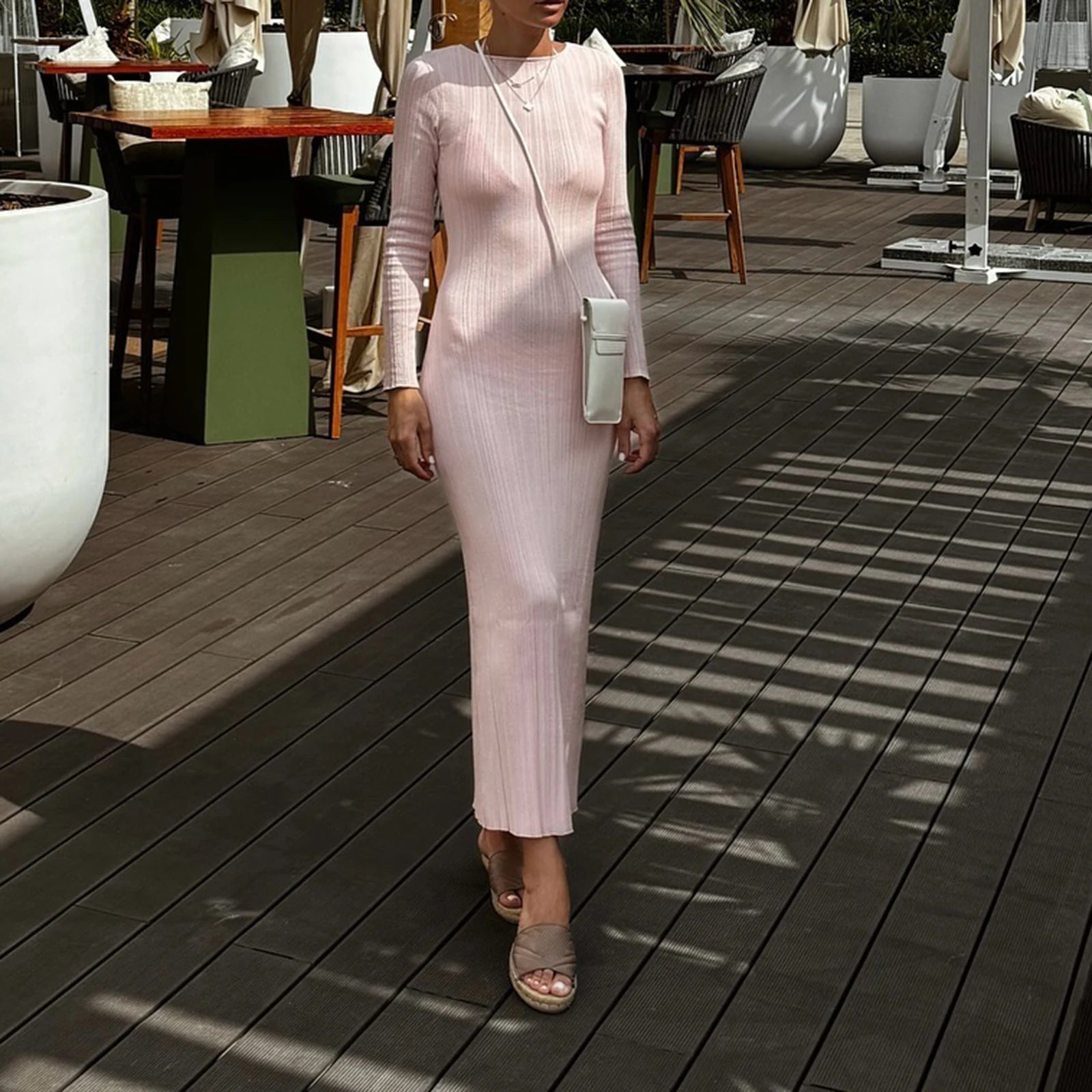 Women Spring Autumn Solid Color Bodycon Knit Dress Long Sleeve Crew Neck Ribbed Dress Slim Fit Long Dress