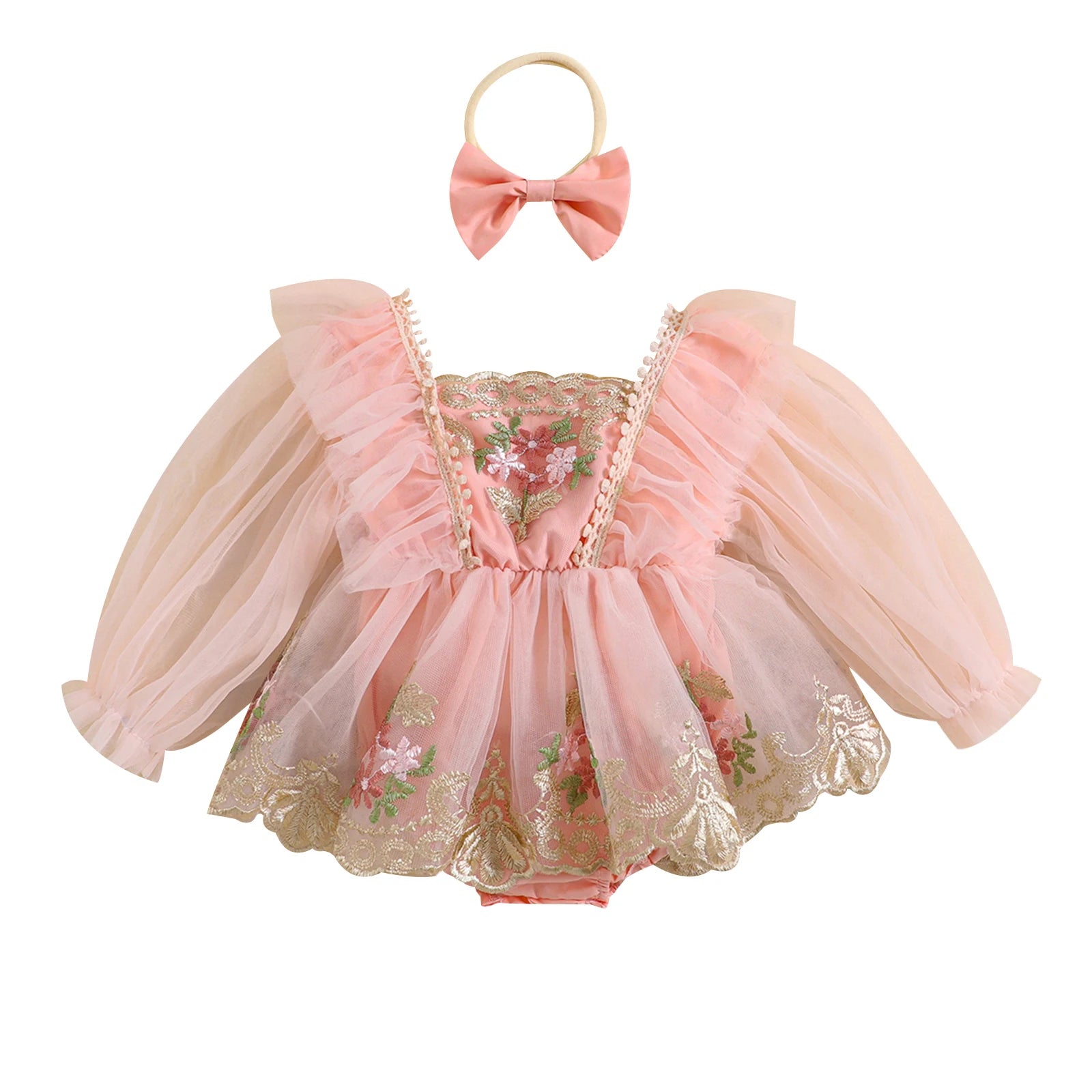 ma&baby 0-24M Baby Girl Romper Newborn Infant Tulle Jumpsuit Princess Long Sleeve Floral Embroidery Clotehs Headband Outfits