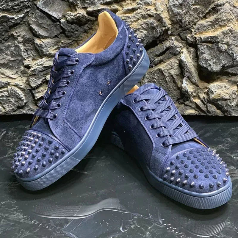 men casual blue rivets shoes lace-up cow suede leather flats shoe hip hop stage spikes studded sneakers platform footwear trendy
