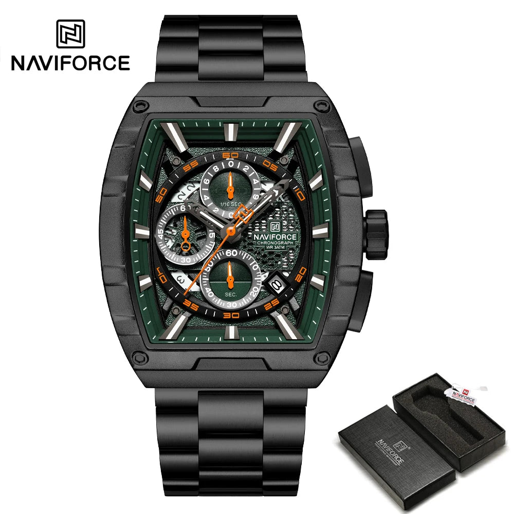 NAVIFORCE Luxury Chronograph Quartz Watch for Men Fashion Tonneau Stainless Steel Man Watches Waterproof Luminous WristWatch
