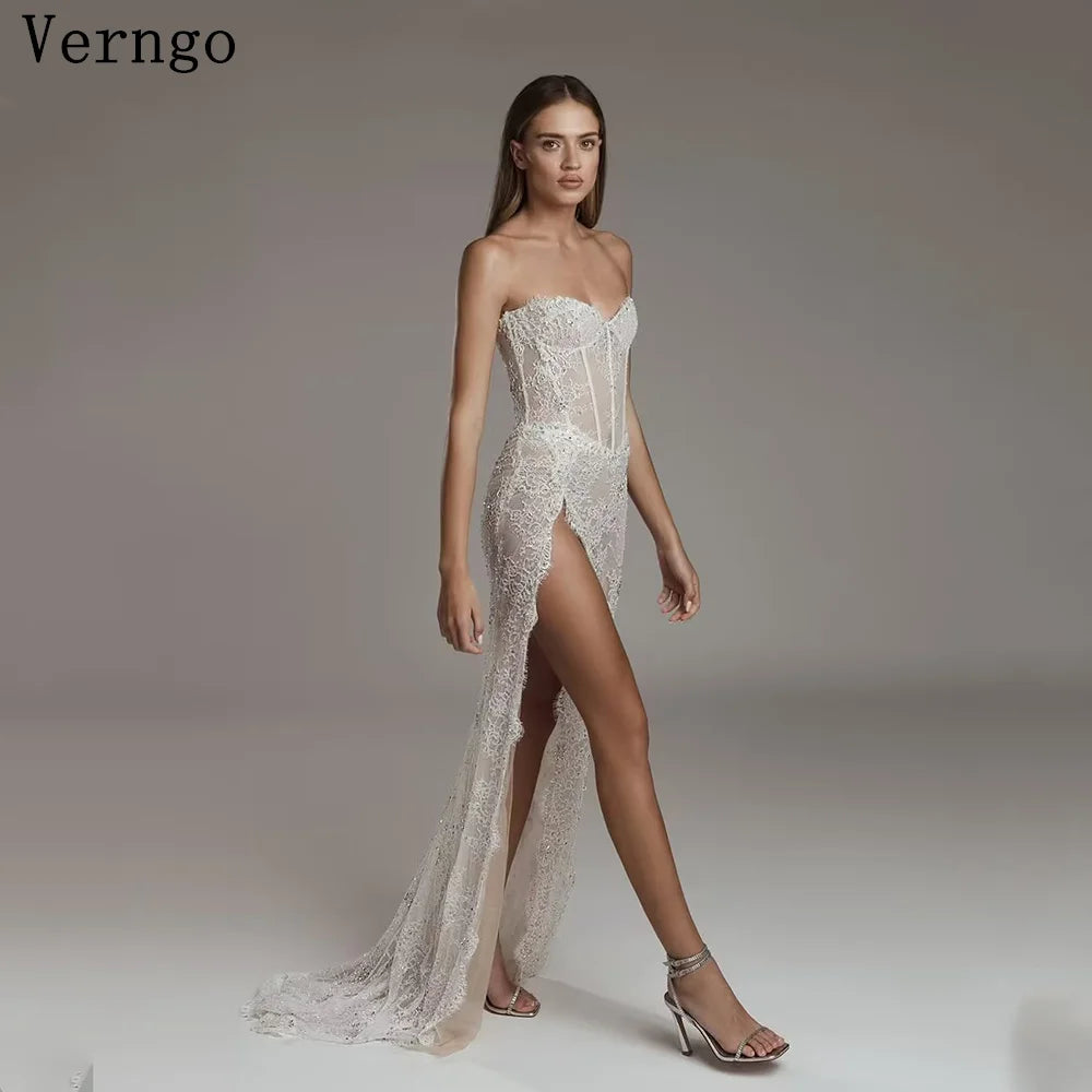 Verngo lvory Lace Wedding Dress Strapless Side Slit Sexy Bridal Gown Women Elegant Bride Dresses robe de mariée Customized