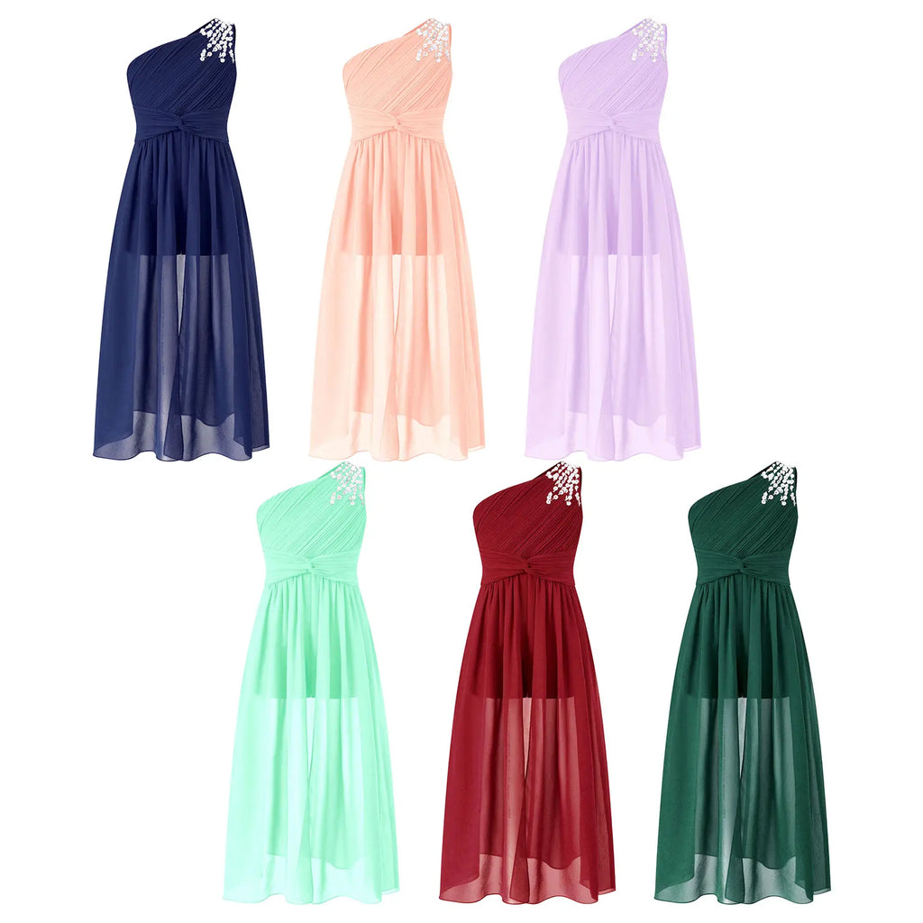 6-16Y Kids Girls Elegant Shiny Beaded Party Dress One Shoulder Ruched Jumpsuit Skirt Princess Wedding Birthday Evening Prom Gown