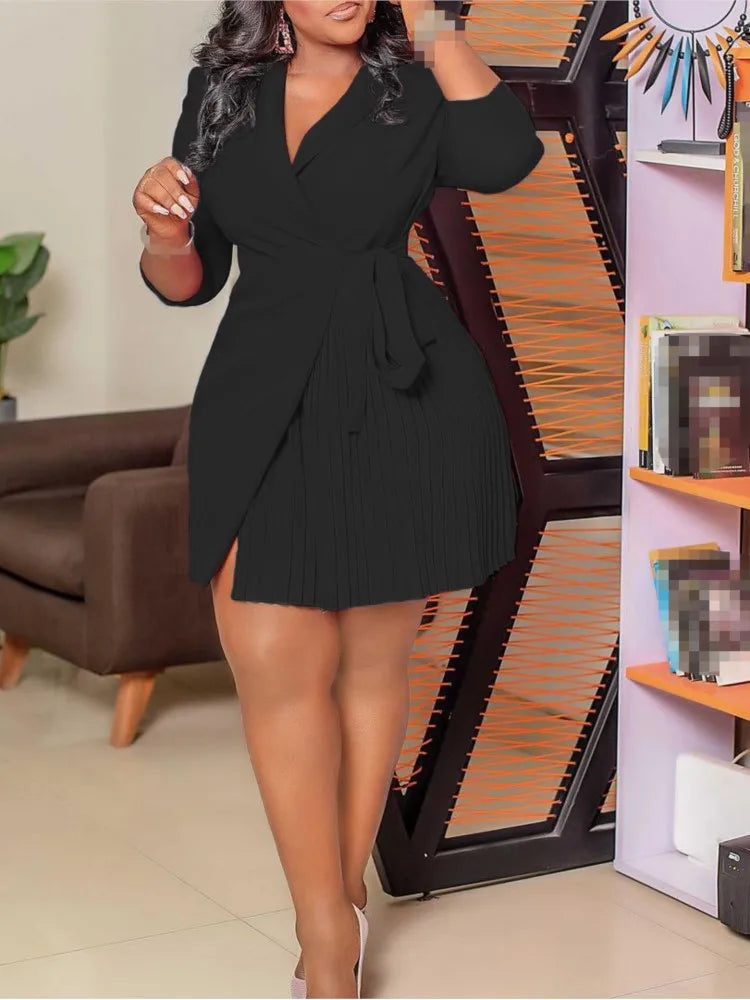 Women  Solid Plus Size Folds Dress Neck Pleated Blazer Style Dress Office Vintage Sexy Lady Belt Party Tight Curvy Short Dress