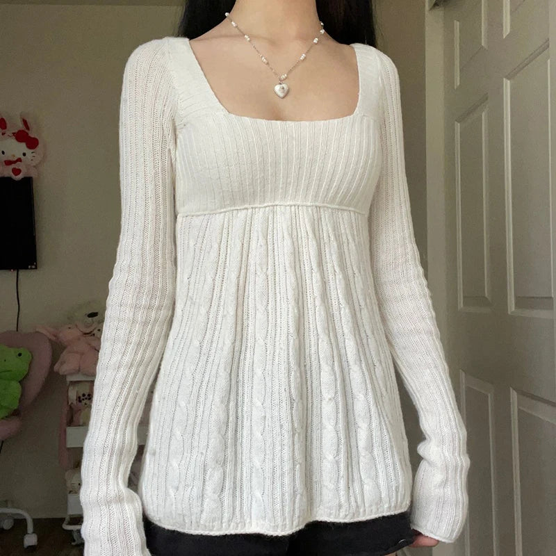Aesthetic Coquette Knit Sweaters Outfit Vintage Babydoll Tops Pullovers Lady Autumn Square Neck Long Sleeve Knitwear Jumpers Y2k