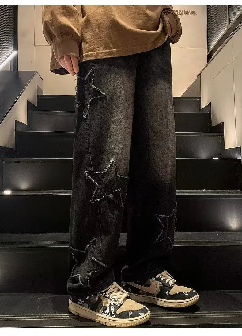 Star Embroidery Straight Casual Men Jeans Gothic Neutral New Wide Leg Loose Hip-hop Streetwear Denim Trousers Y2K pants man