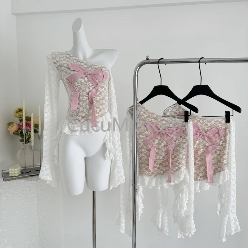 2024 New Korean Fashion Sweet T-shirts Sexy Long Sleeve Bowk Lace Tee Shirt Y2K Streetwear Female Clothing Irregular Tops Chic