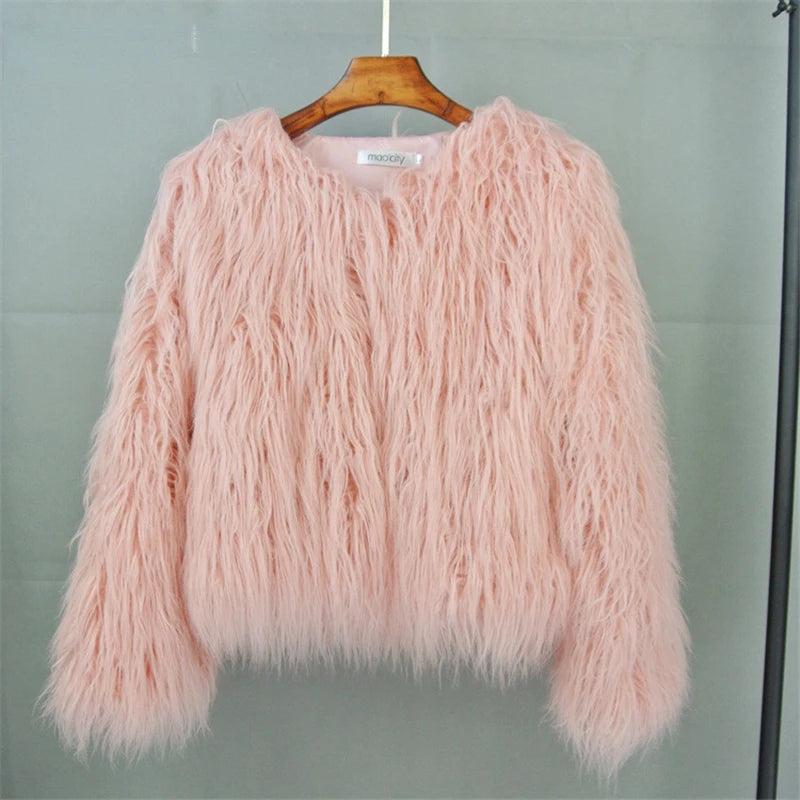 New Autumn Winter Warm Women Faux Fur Coat Loose Black White Pink Plush Coat Female Fur Jacket