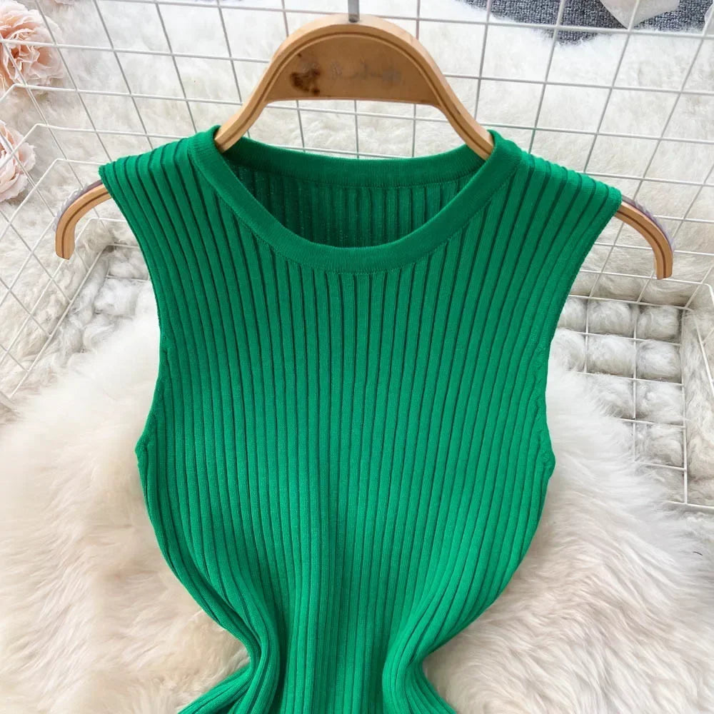 Abrini Summer Women Knitted Sexy Bodycon Dress O-Neck Sleeveless Ruffled Party Sundress High Street Elastic Slim Solid Dress