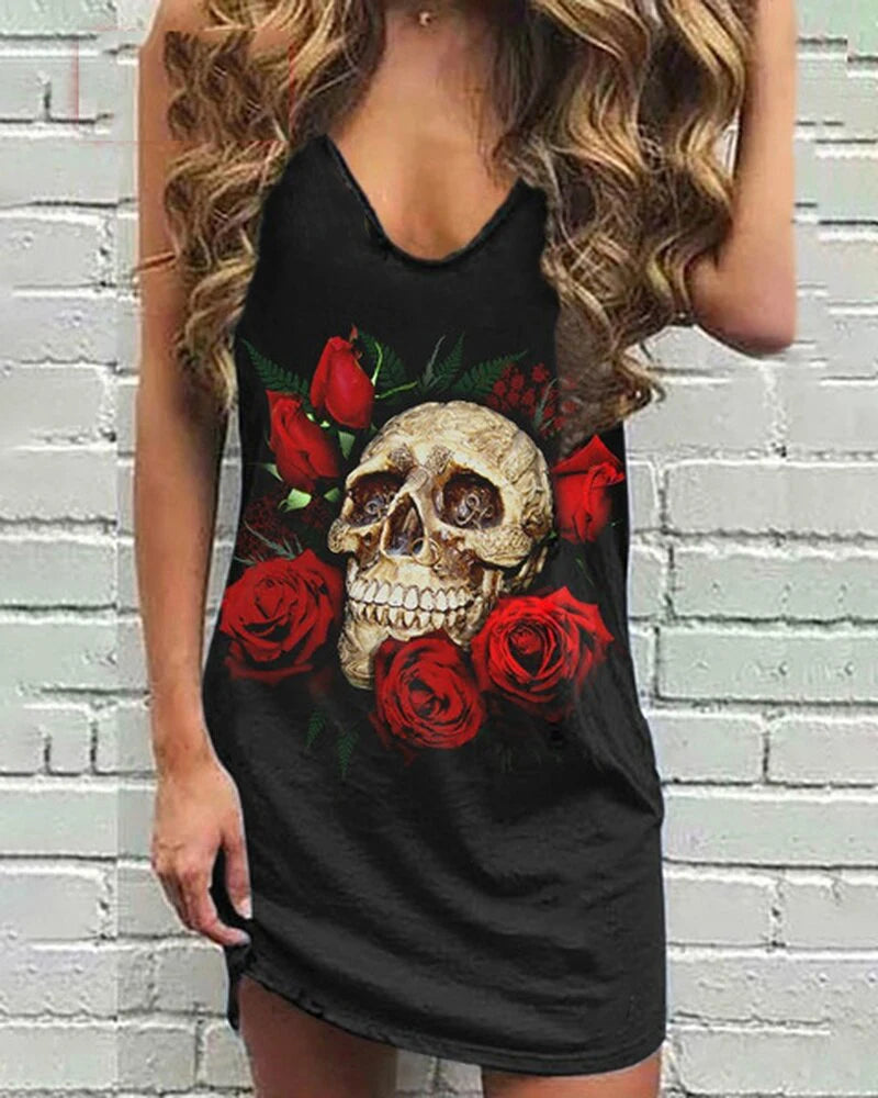Skull Scarf Sunglasses Print Women Sleeveless Summer  Vest dress Solid Color Dress Streetwear O-Neck Casual