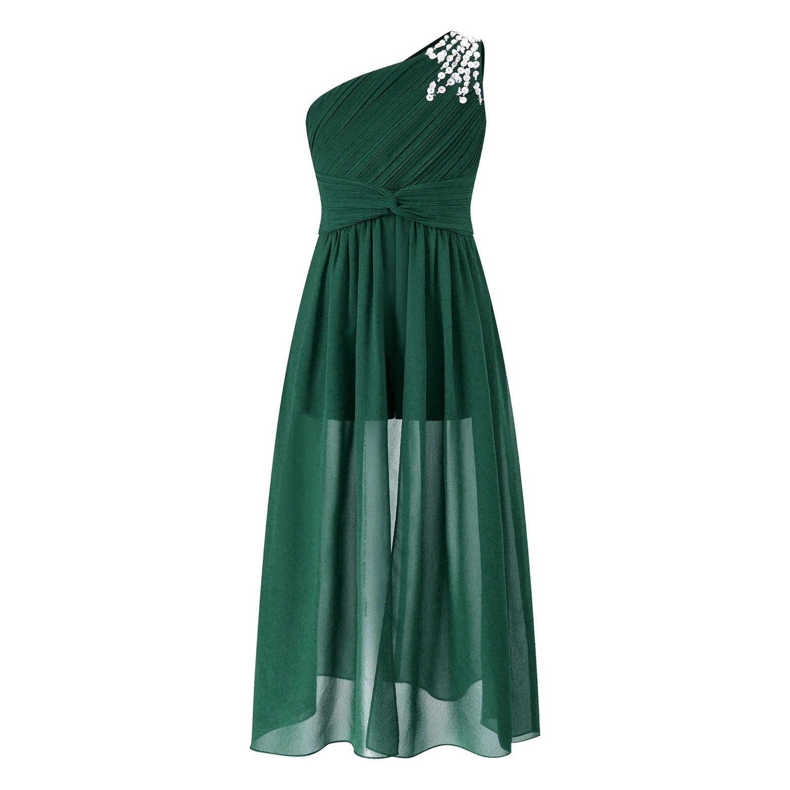 6-16Y Kids Girls Elegant Shiny Beaded Party Dress One Shoulder Ruched Jumpsuit Skirt Princess Wedding Birthday Evening Prom Gown