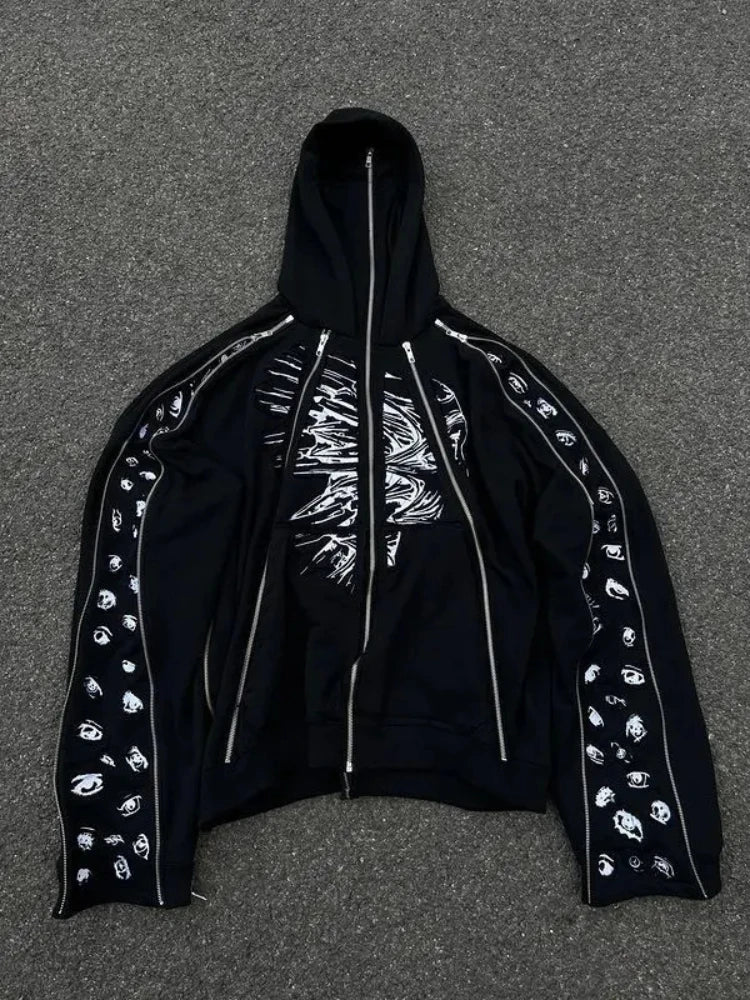 American New Street Trendy High Craft Dark Harajuku Y2K Multi Zipper Hat Loose Men's and Women's Hoodies
