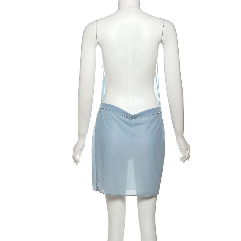 Nsauye Backless Sexy Mesh Short Mini Fashion See Through Dress Summer Women Night Club Sexy V Neck Party Evening Wrap Dress 2025