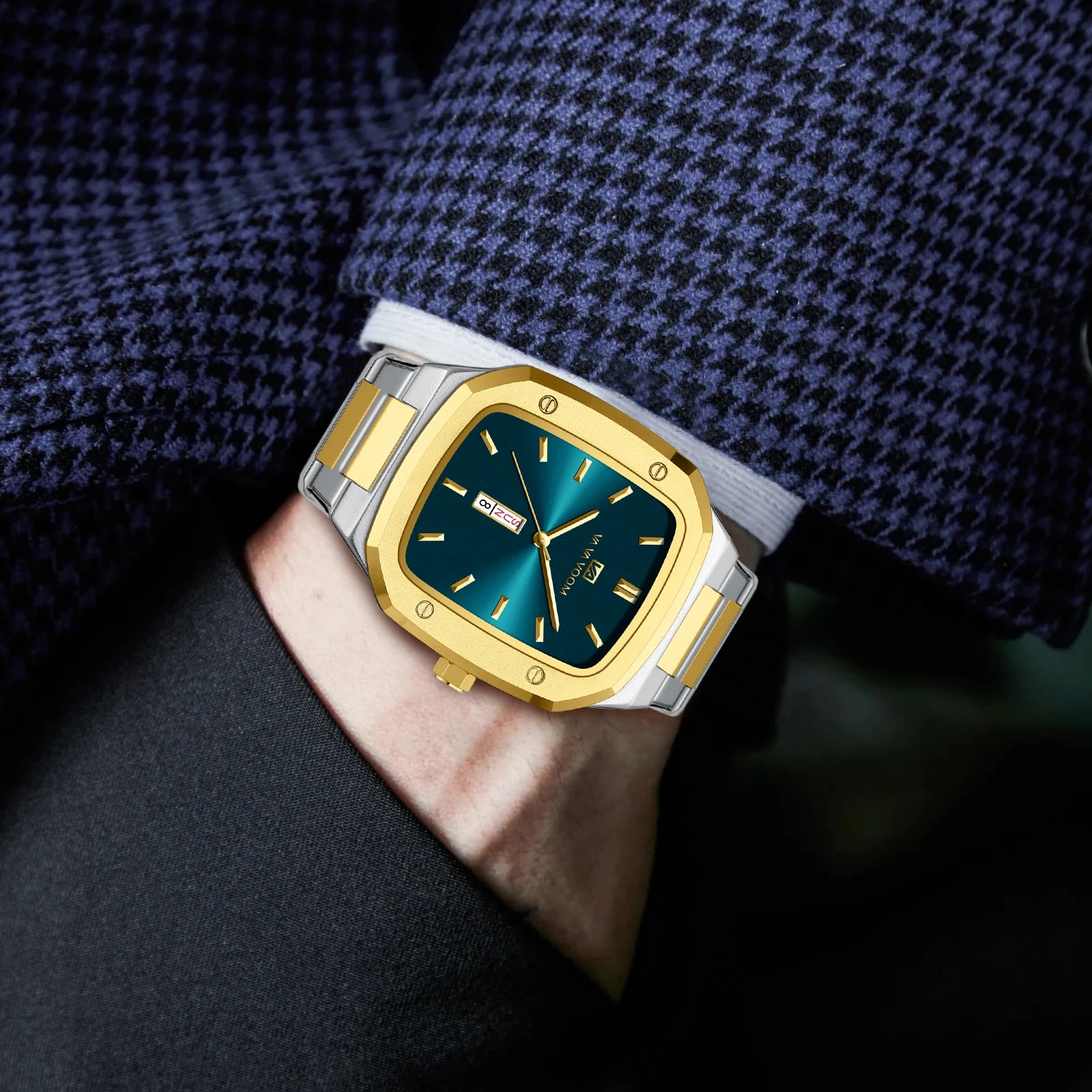 2025 New Men Watch Fashion Square Stainless Steel Blue Gold 3Bar Waterproof Quartz Calendar Simulated Business Sports WristWatch