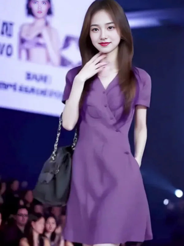 Short Sleeve Dress for Women, 2025 Summer New Korean Version Sweet Slim Waist Midi Dress