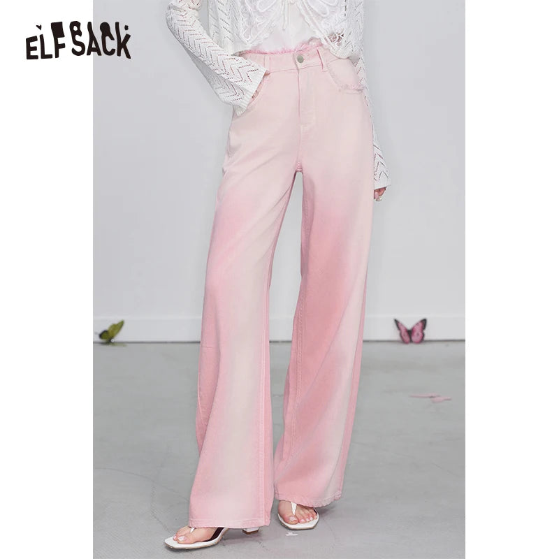 ELFSACK 2025 Spring New Arrivals Y2K Raw Edge High Waist Pink Gradient Jeans Women Sweet Wide Leg Pants