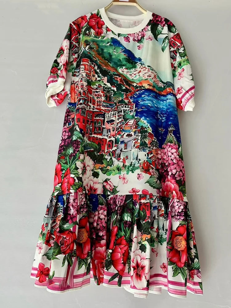 Elegant temperament geometric printing short-sleeved loose dress 2025 summer women's new stitching hem casual straight skirt