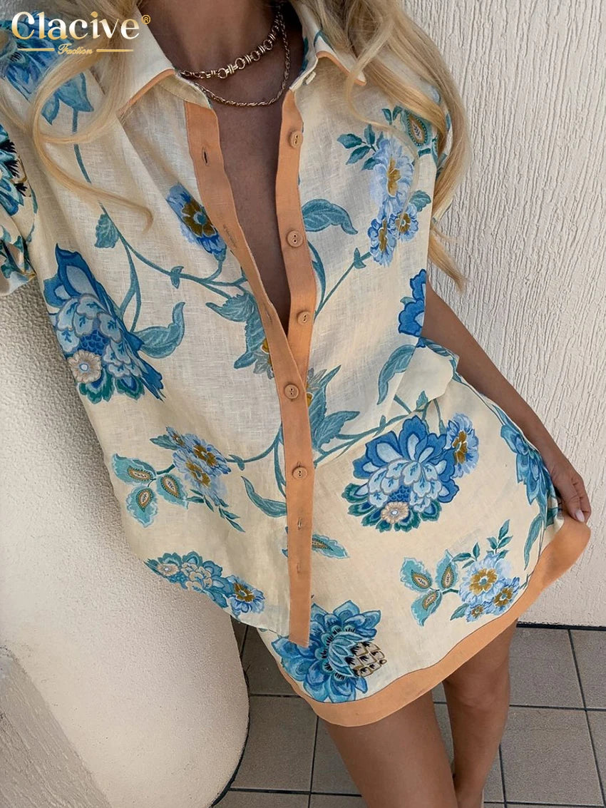 Clacive Summer Loose Print Women 2 Piece Set Outfit 2025 Vintage Short Sleeve Shirt With High Waist Mini Skirt Set Streetwear