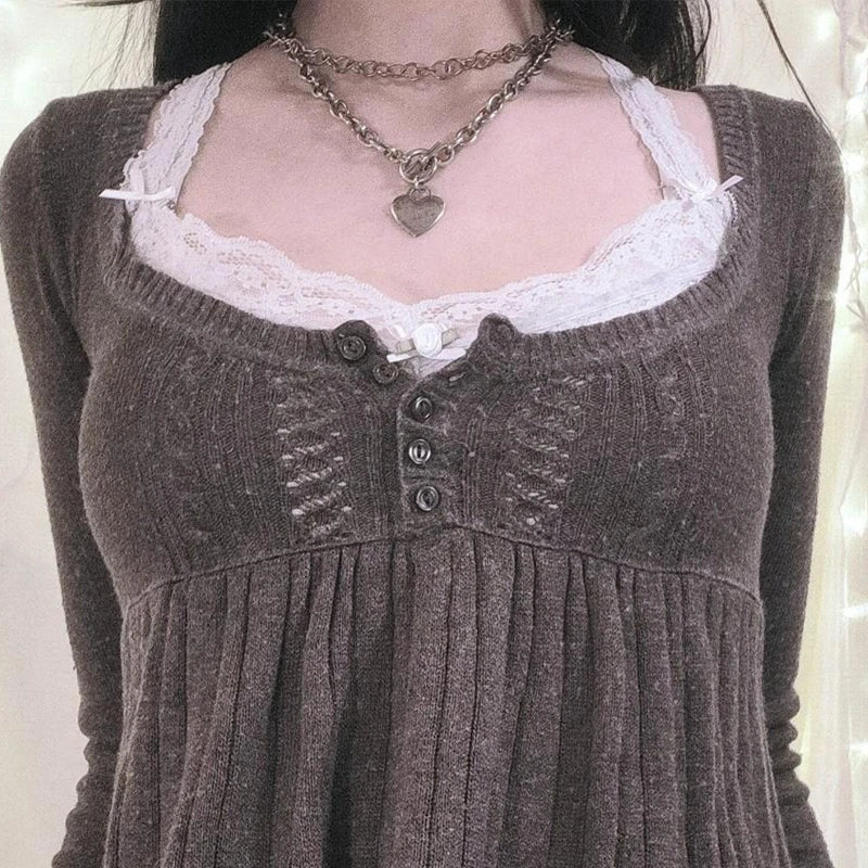 Aesthetic Coquette Knit Sweaters Outfit Vintage Babydoll Tops Pullovers Lady Autumn Square Neck Long Sleeve Knitwear Jumpers Y2k