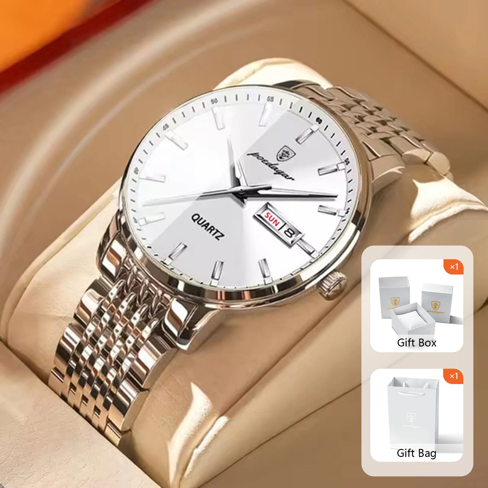 POEDAGAR Business Men's Watches Stainless Steel Date Men Watch Waterproof Luminous Fashion Casual Quartz Man Wristwatch+Gift Box
