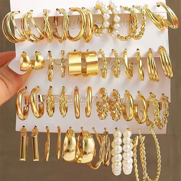 6/24 Pairs Gold Color Vintage Hoop Earrings Set for Women Girl Imitation Pearl Geometric Metal Twist Earring Fashion Jewelry