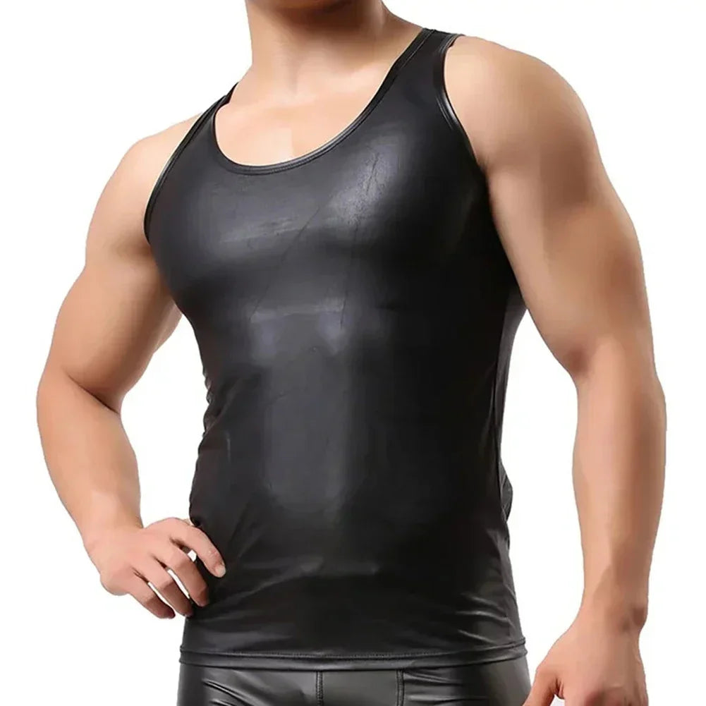 New Men Faux Leather Undershirt Tank Tops Vest Sexy Sleeveless T-Shirt Crop Top Solid Black Vest T Shirt For Man Clothing