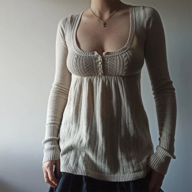 Aesthetic Coquette Knit Sweaters Outfit Vintage Babydoll Tops Pullovers Lady Autumn Square Neck Long Sleeve Knitwear Jumpers Y2k