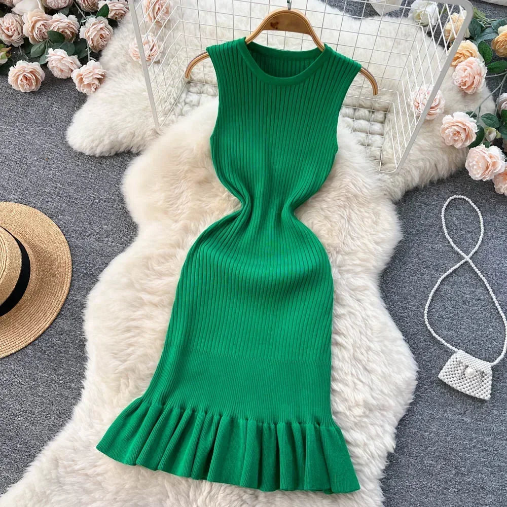 Abrini Summer Women Knitted Sexy Bodycon Dress O-Neck Sleeveless Ruffled Party Sundress High Street Elastic Slim Solid Dress