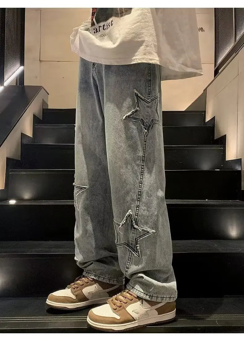 Star Embroidery Straight Casual Men Jeans Gothic Neutral New Wide Leg Loose Hip-hop Streetwear Denim Trousers Y2K pants man