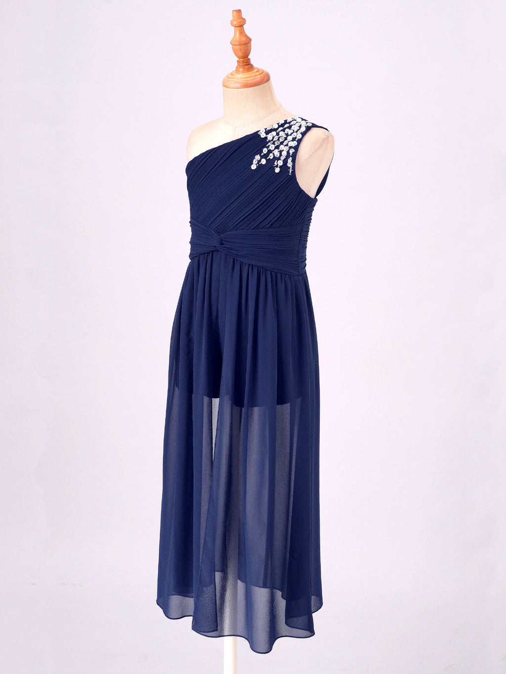 6-16Y Kids Girls Elegant Shiny Beaded Party Dress One Shoulder Ruched Jumpsuit Skirt Princess Wedding Birthday Evening Prom Gown