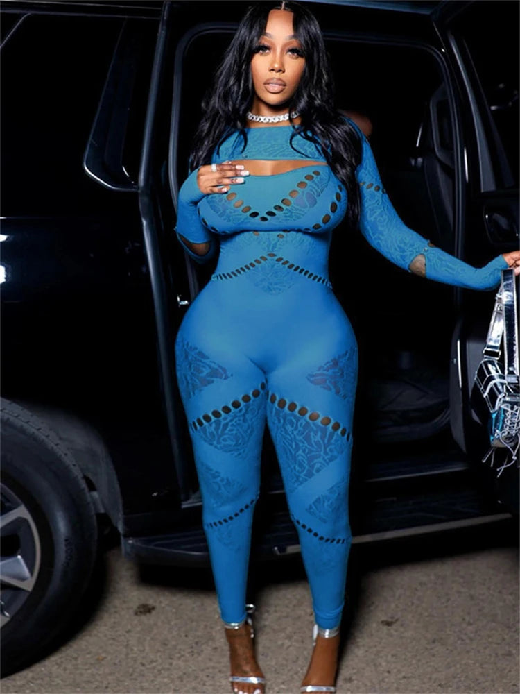 kliou Autumn Women Ankle-Length Sexy Jumpsuit M23Q37017 Girl Burn-out Hole Slim One Piece Overall Miss Solid Party Club Attire