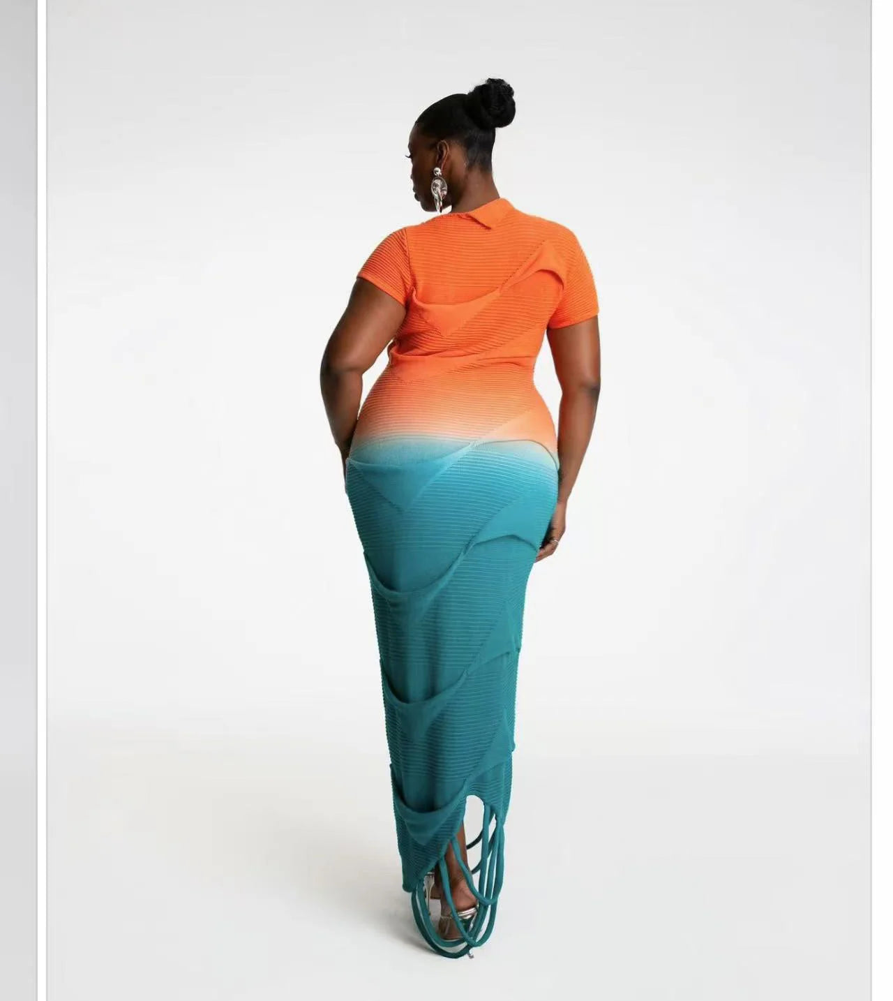 Sexy Knitted Gradient Orange Blue Hollow Out Maxi Dress Women Fashion Short Sleeve Skinny Stretch Tassel Y2K Birthday Long Dress