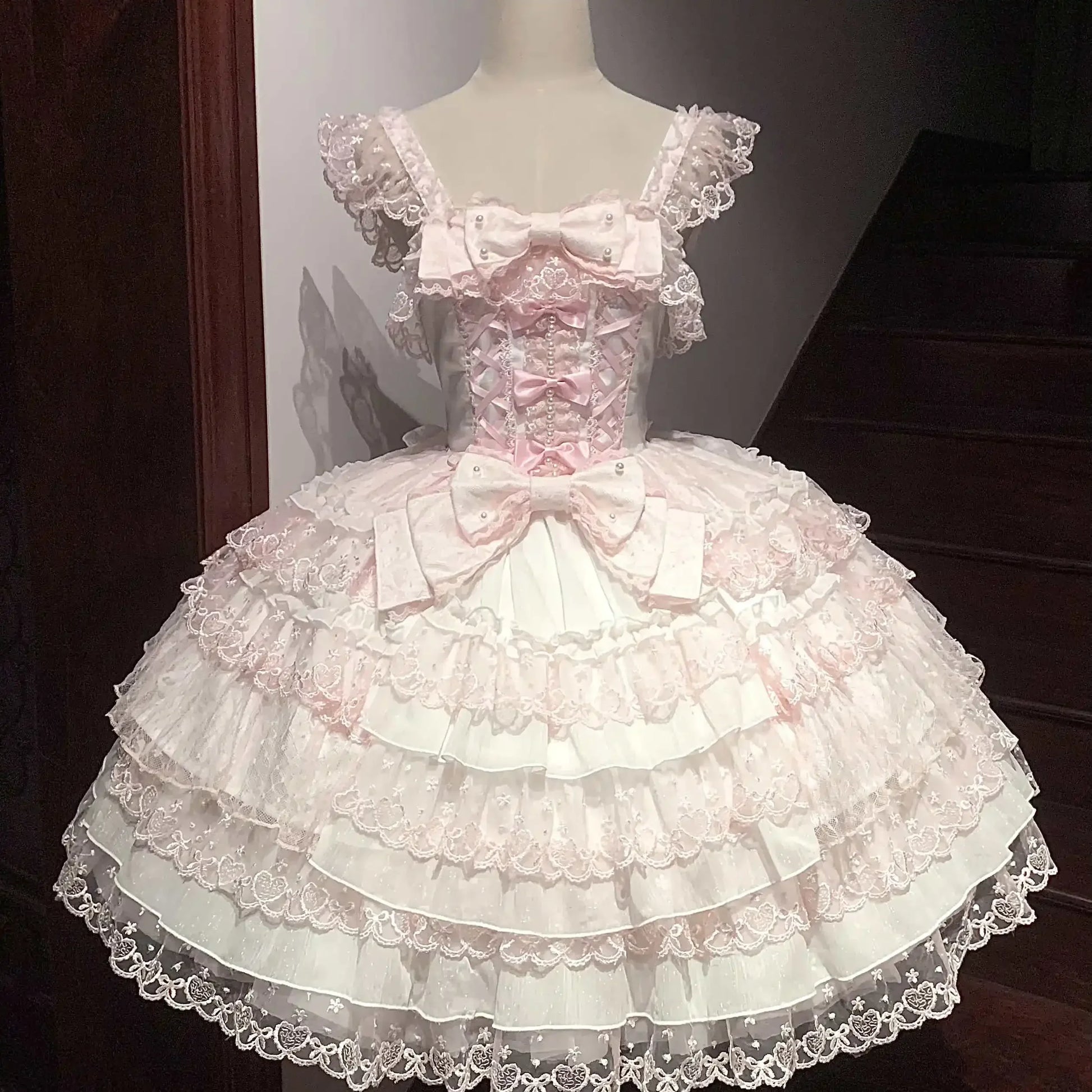 Women's Lolita Pink Dress Jsk Bow Lace Stitching Cute Sweet Girls Suspender Dress Lady Long Sleeve Inner Shirt Y2k Hairpin Cloak