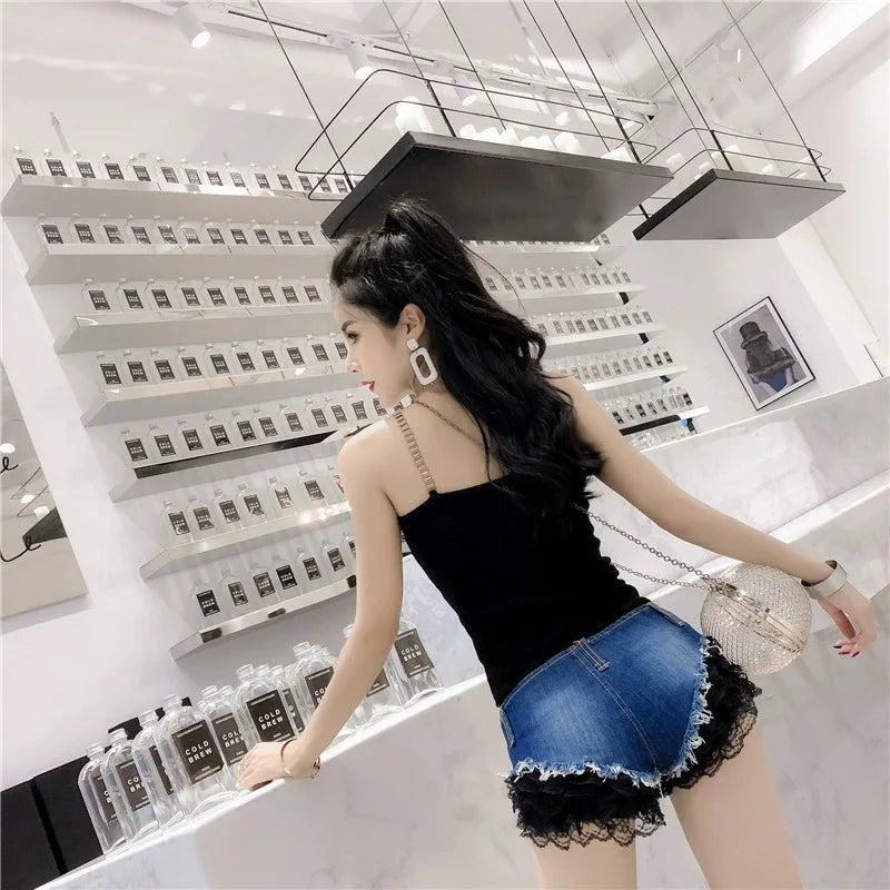 Y2k Shorts Women Nightclub Denim Shorts Lace Low Waist Sexy Hot Pants Female Super Shorts Pink