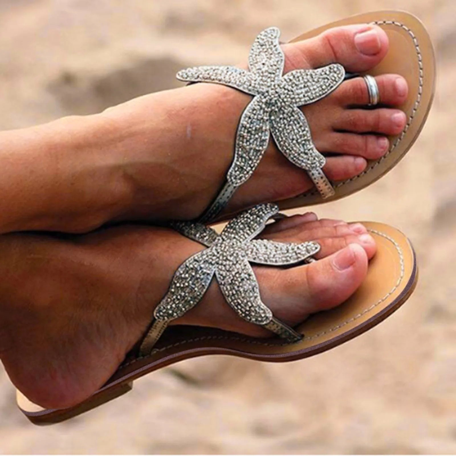 Fashion Casual Women'S Beach Slippers Indoor Outdoor Leisure Breathable Starfish Shaped Rhinestone Embellished Thong Sandal
