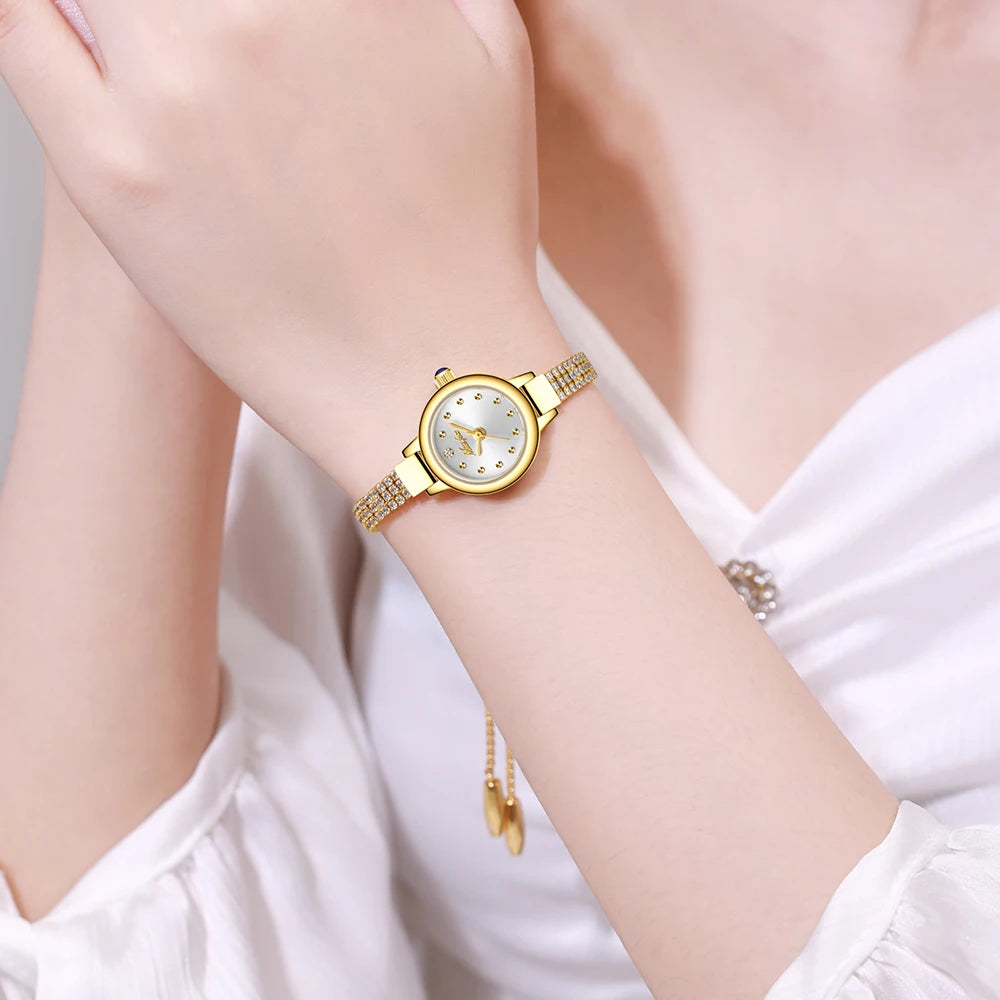 Small Watch For Women Adjustable Diamond Bracelet Simple Stylish Ladies Quartz Watch Gold Mini Dial Party Dress Wristwatch New