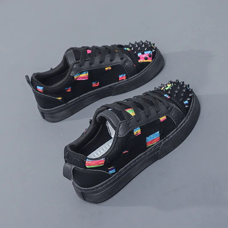 Men's and Women's Street Dance Shoes, Perforated Canvas, Fashionable, Breathable, Red Sole, Rivet, Personalized Casual Shoes
