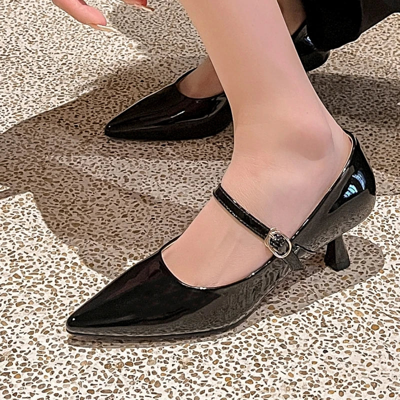 Short Heels Mary Janes Shoes Women Pumps Genuine Leather Point Toe Black Nude Red Heeled Office Wedding Shoes Female Large Size