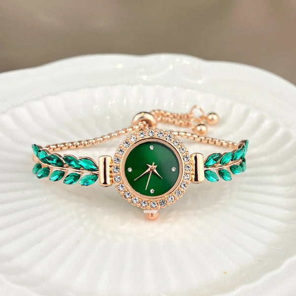 2025 New fashion diamond-encrusted leaf round women's watch simple dial freely adjust cross-border gift watches