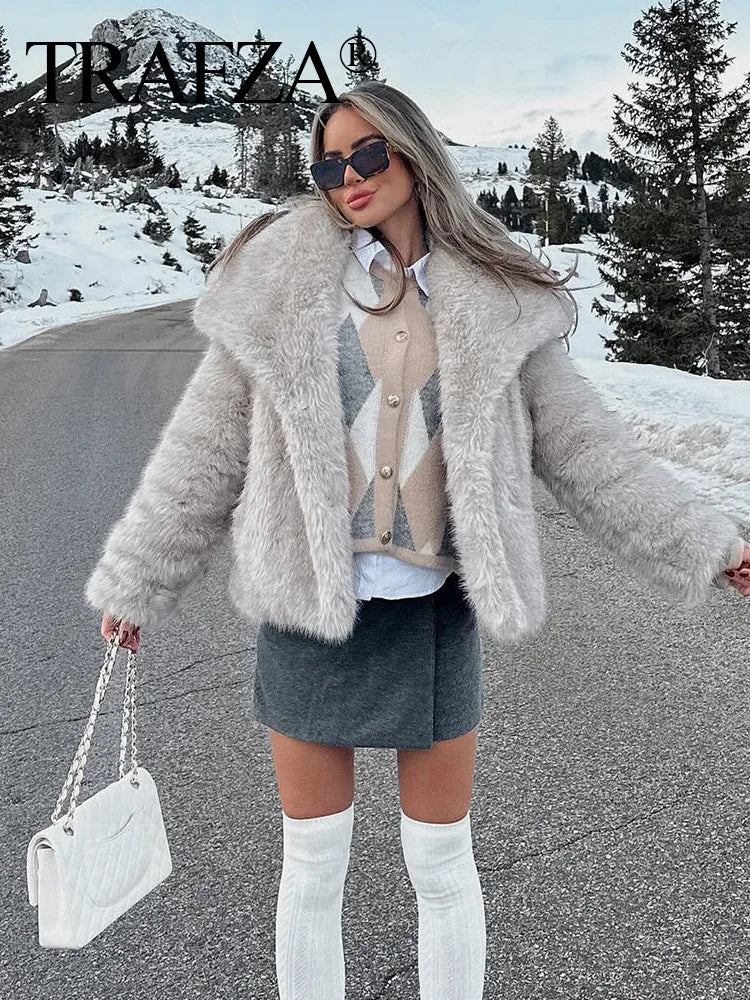 TRAFZA Winter Women Warm Faux Fur Coat Elegant Solid Loose Long Sleeve Thick Jacket Pockets Female Fashion Oversized Outerwear