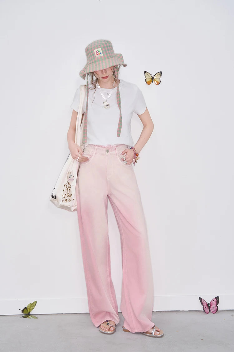 ELFSACK 2025 Spring New Arrivals Y2K Raw Edge High Waist Pink Gradient Jeans Women Sweet Wide Leg Pants