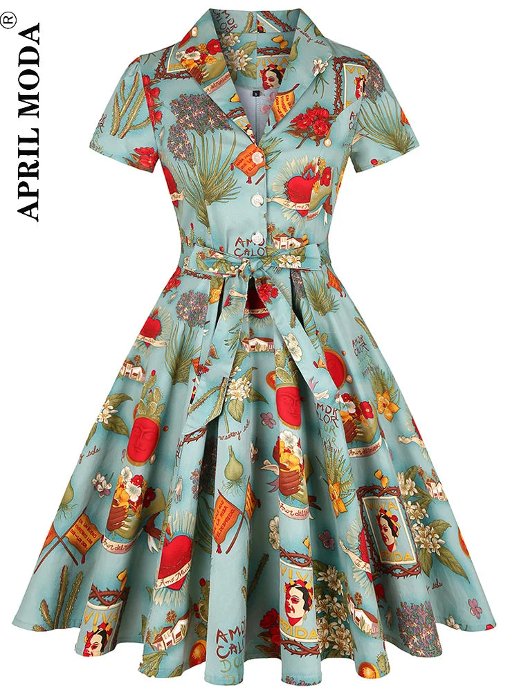 2025 Parrot Bird Print Summer Women Vintage Dress Casual Green Retro Pin UP Pinup Party Robe Rockabilly 50s 60s Swing Sundress