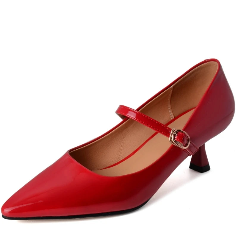Short Heels Mary Janes Shoes Women Pumps Genuine Leather Point Toe Black Nude Red Heeled Office Wedding Shoes Female Large Size