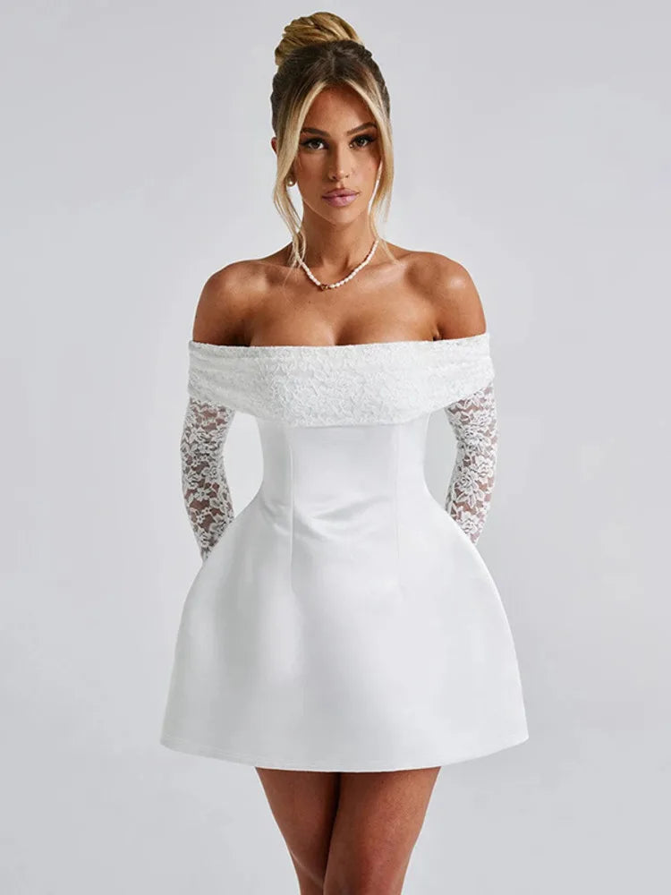 Mozision Off-shoulder Long Sleeve Sexy Mini Dress For Women Robe Strapless Backless High Waist A-line Elegant Club Party Dress