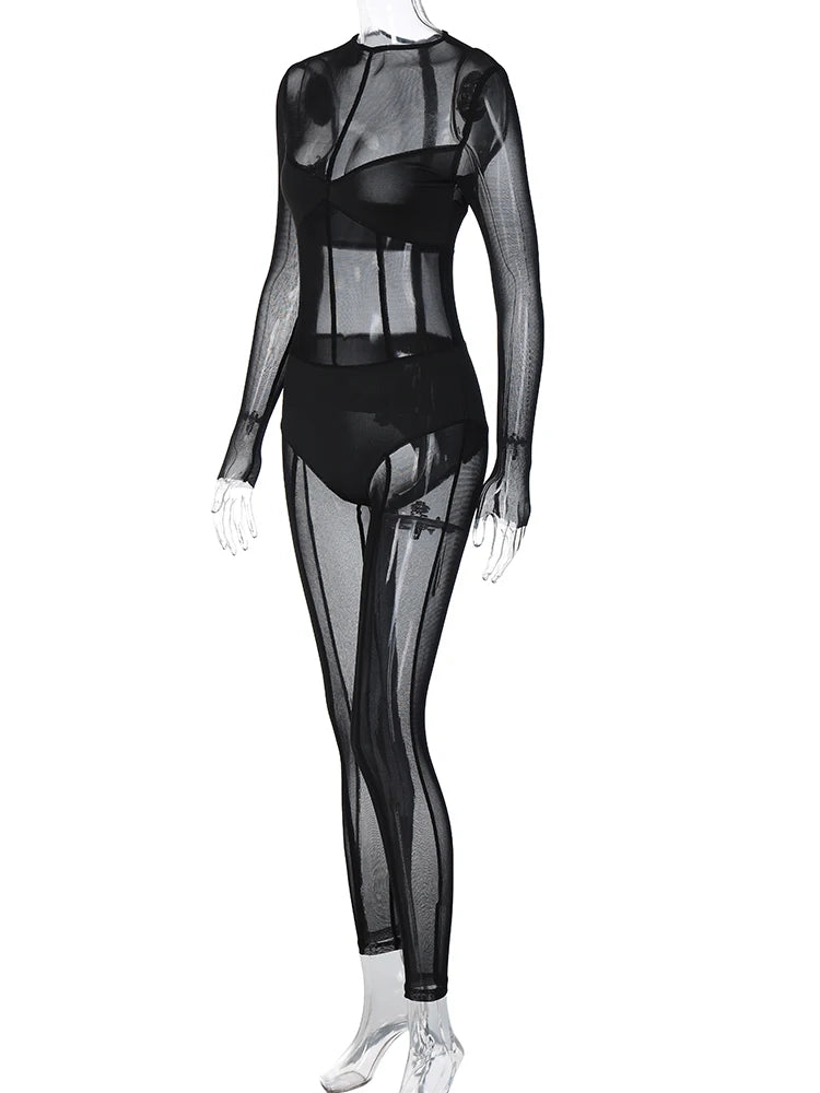 Dulzura Solid Mesh Long Sleeve O-Neck Jumpsuit See Through 2023 Summer For Women Sexy Y2K Birthday Evening Clubwear Sheath