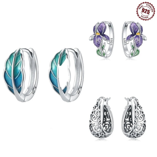 925 Sterling Silver Floral plant series greenery iris vine Hoop Earrings For Women Wedding Engagement Birthday Jewelry Gift 2024