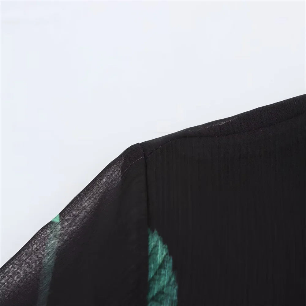 PB&ZA 2025 Women's Black Long Sleeve Maxi Dress with White Floral and Green Leaf Print Belted Waist and Tiered Hem